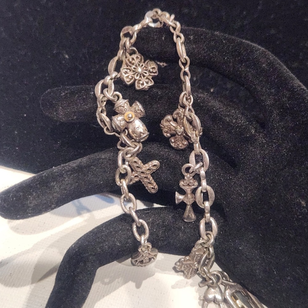 Brighton Silver Tone Multi Cross Charm Bracelet Ornate‎ Religious Heart Clasp